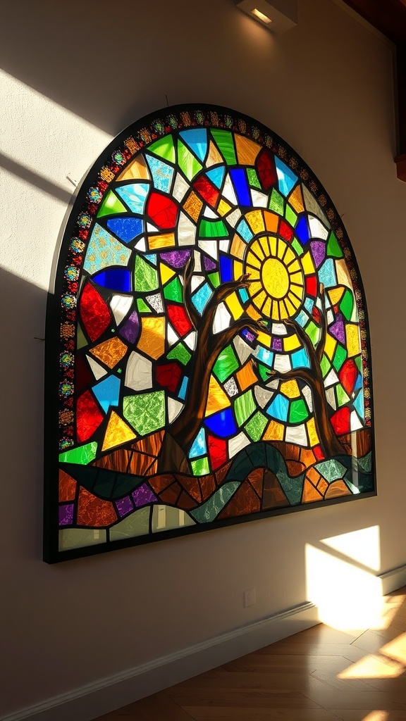 A colorful stained glass mosaic art piece featuring a sun and trees, beautifully illuminated by sunlight.