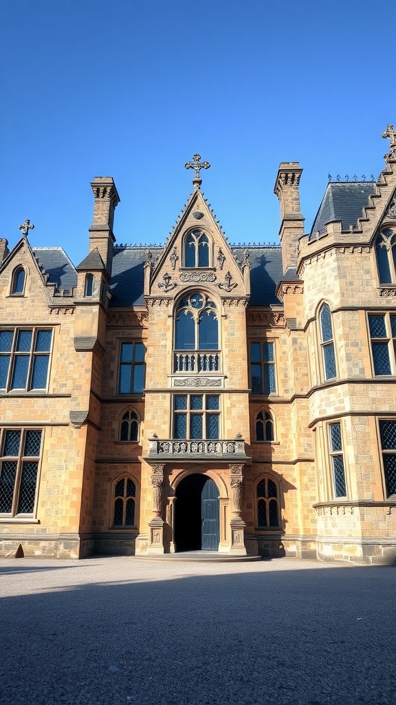 A stone manor with Gothic architecture featuring pointed arches and detailed carvings.