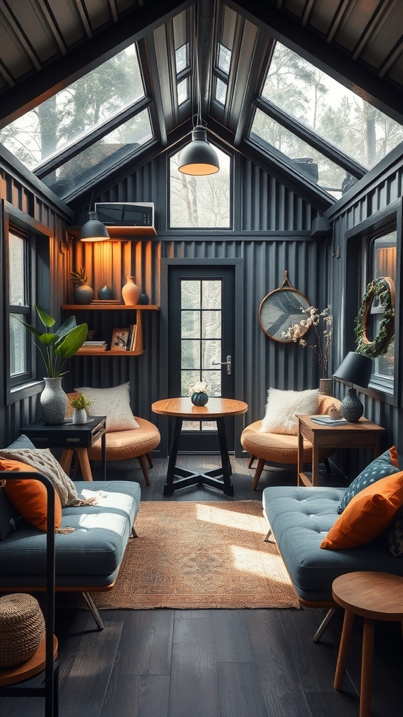 Stylish interior of a small metal house featuring modern furniture and decor