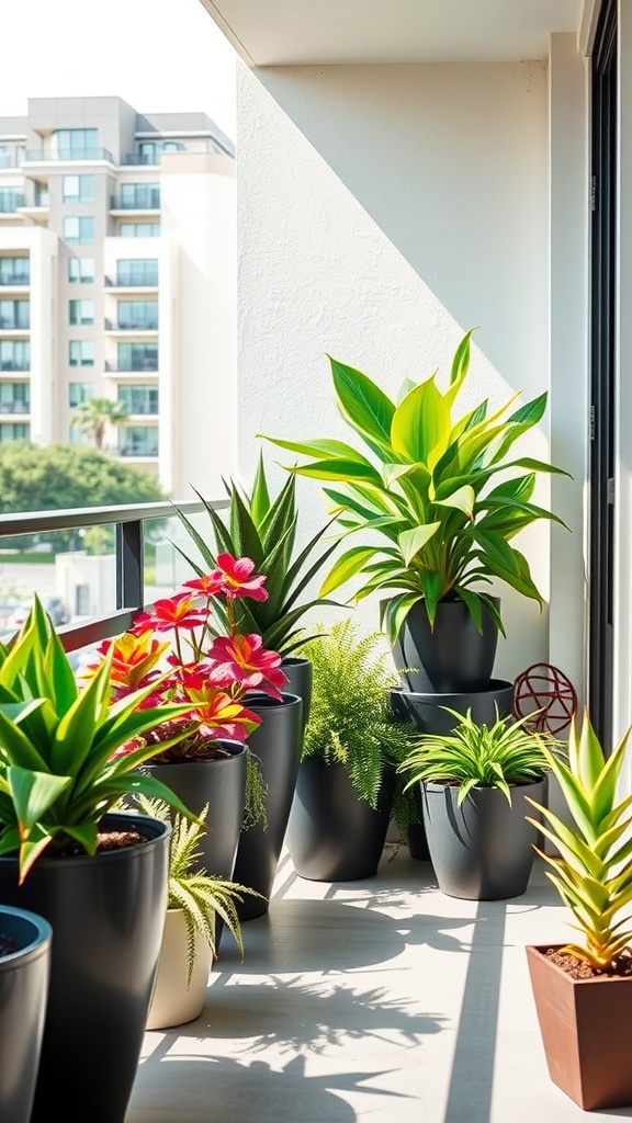 A collection of stylish indoor plants in modern planters on a balcony