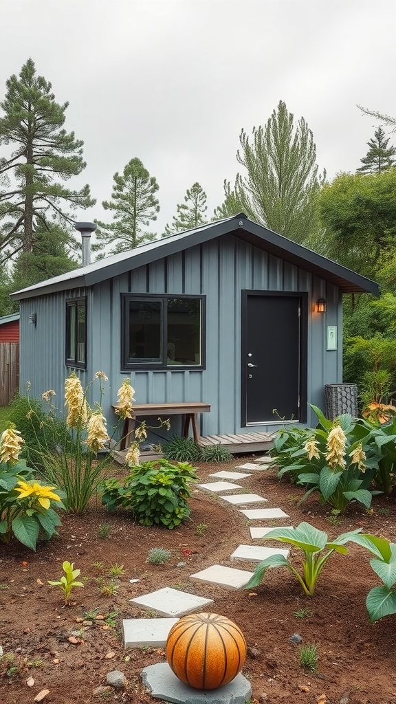 A small metal building home surrounded by greenery and a pathway.