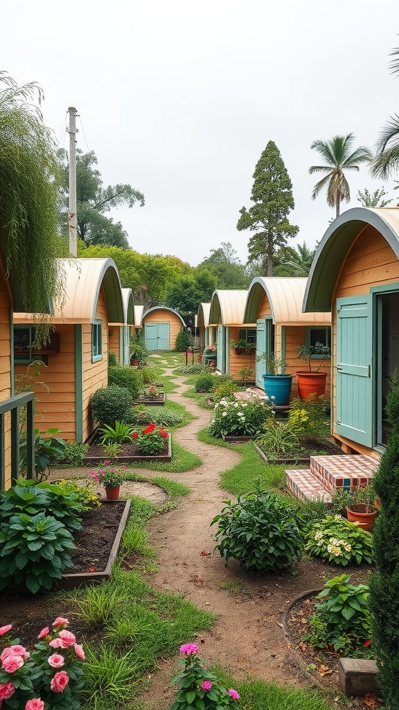 A picturesque community of Quonset hut homes lined with flower beds and greenery.