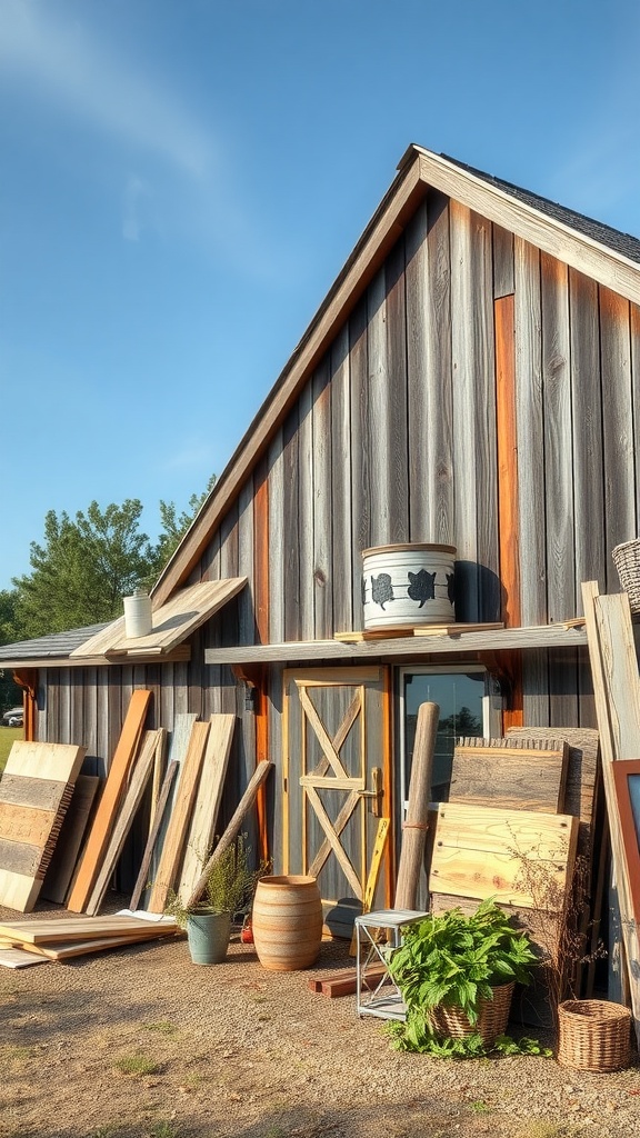 A Barnodium home showcasing rustic materials outside, with wooden planks and planters.