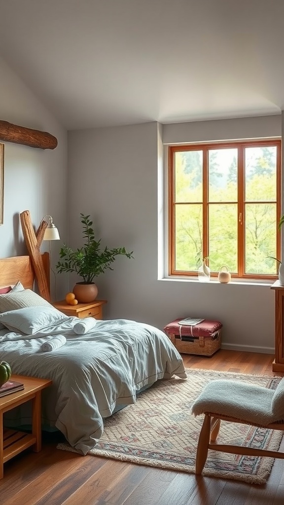 A tranquil and cozy farm-inspired bedroom with a wooden bed, soft bedding, and large window overlooking greenery.