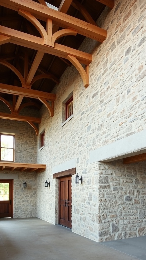 Interior of a Barnodium home featuring stone walls and wooden beams.