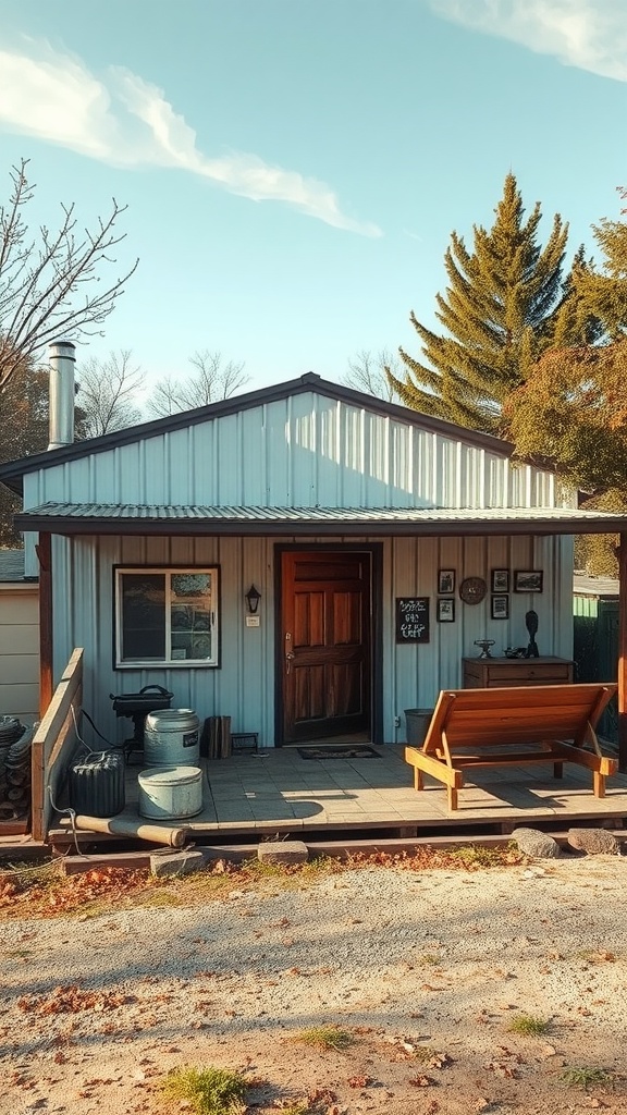 A small metal building home with a welcoming porch and natural surroundings.