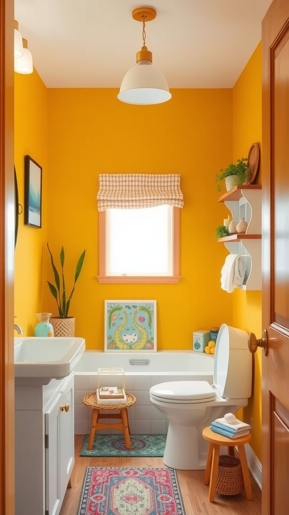 A bright mustard yellow bathroom with white fixtures, a window, and decorative elements.