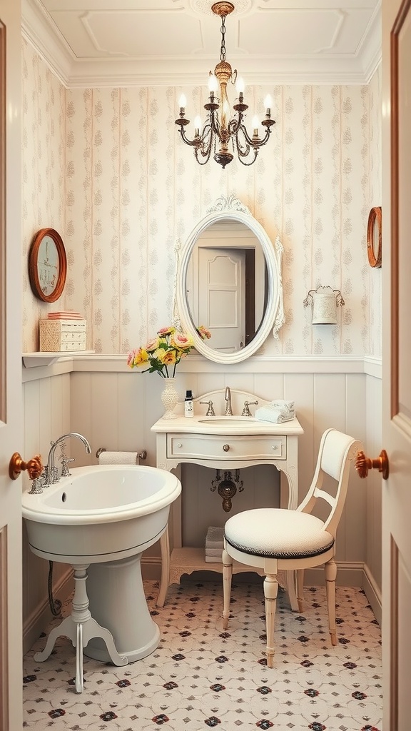 A vintage-inspired bathroom with a charming makeup nook featuring a decorative vanity, elegant chair, and floral accents.