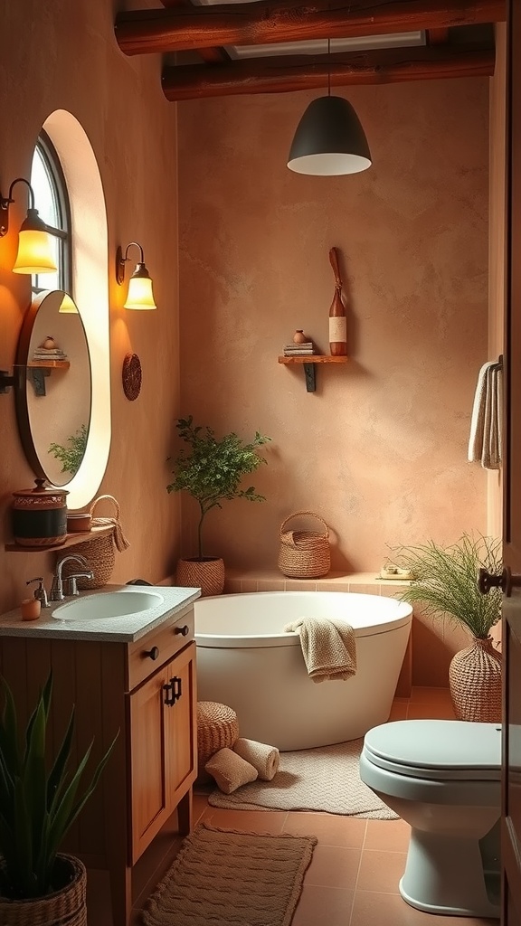 A stylish bathroom featuring warm terracotta walls, a freestanding bathtub, and natural decor.